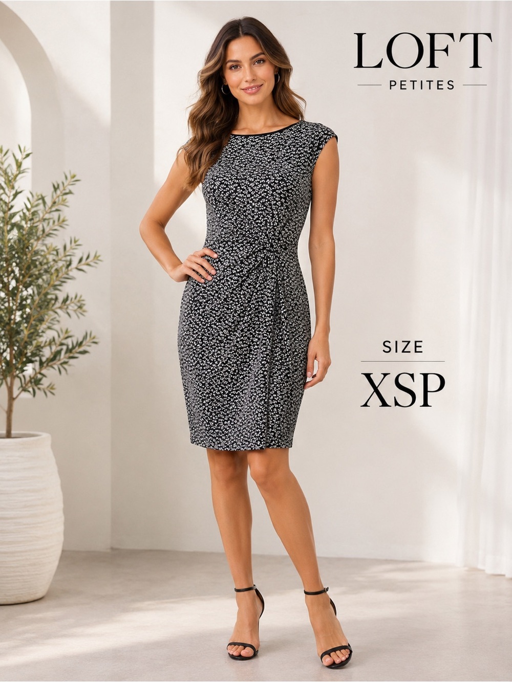 LOFT Petites Black White Floral Stretch Sheath Dress XSP